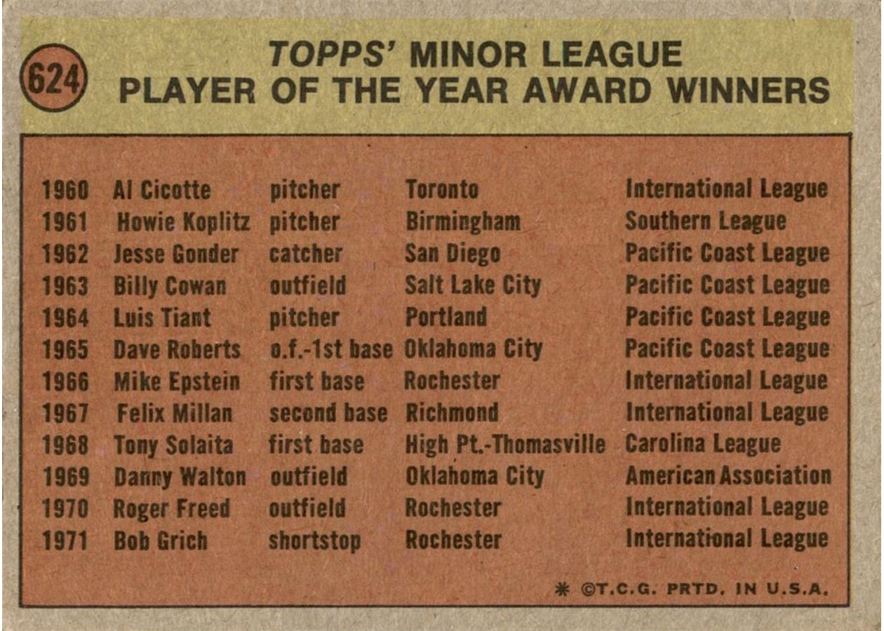 1972 Topps #624 Minor League Player of the Year Award card back