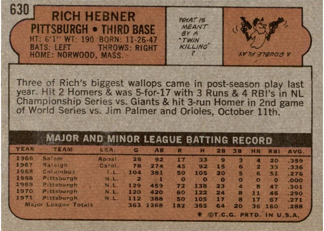 1972 Topps #630 Rich Hebner card back
