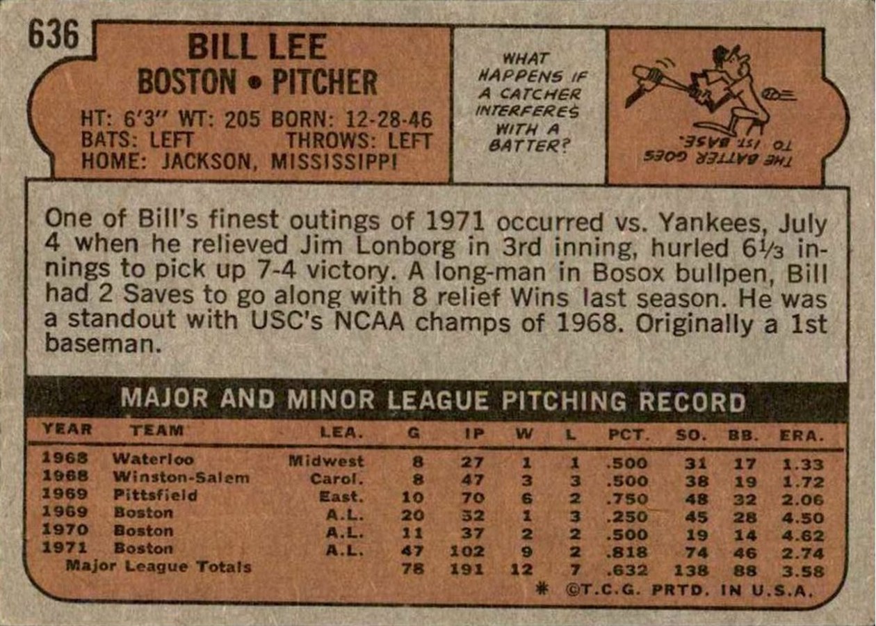 1972 Topps #636 Bill Lee card back