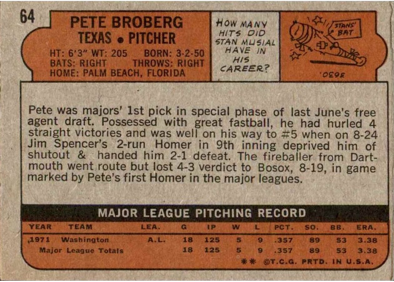 1972 Topps #64 Pete Broberg card back
