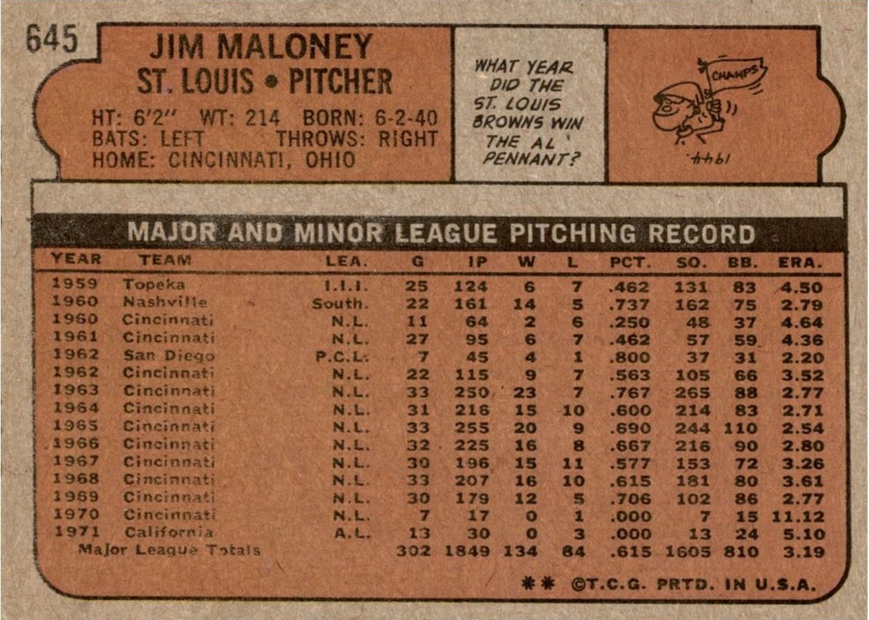 1972 Topps #645 Jim Maloney card back