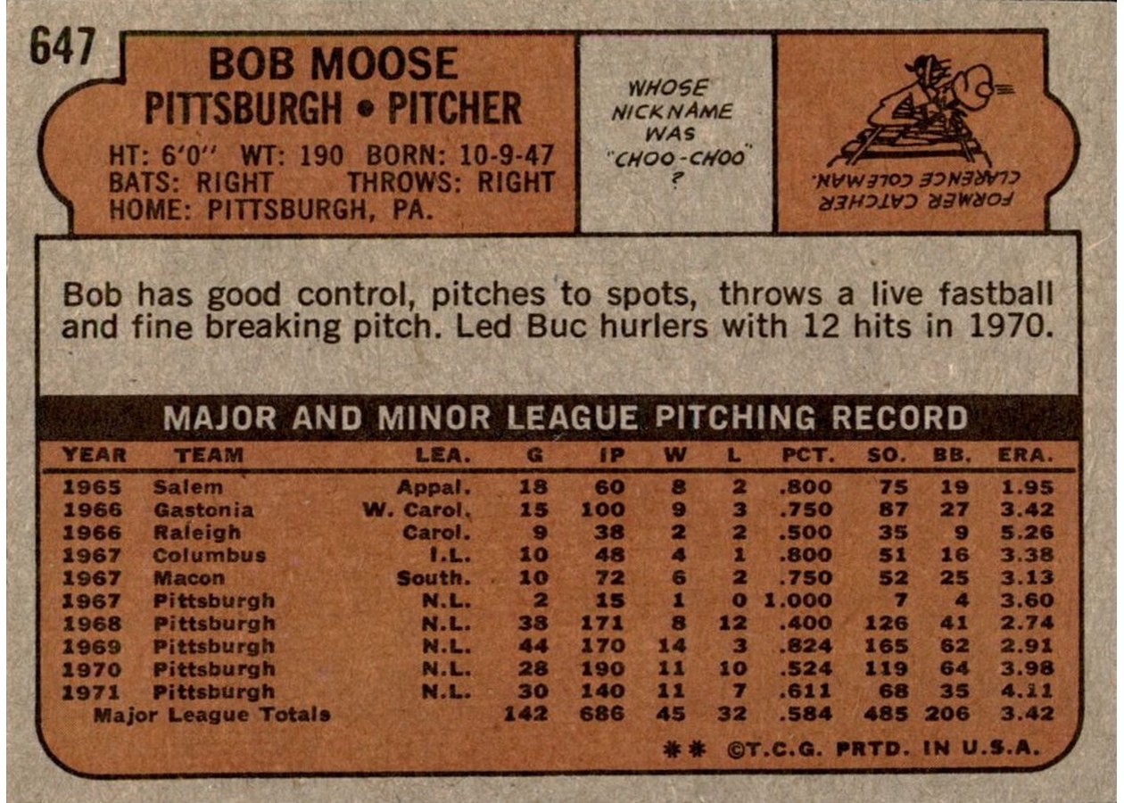1972 Topps #647 Bob Moose card back