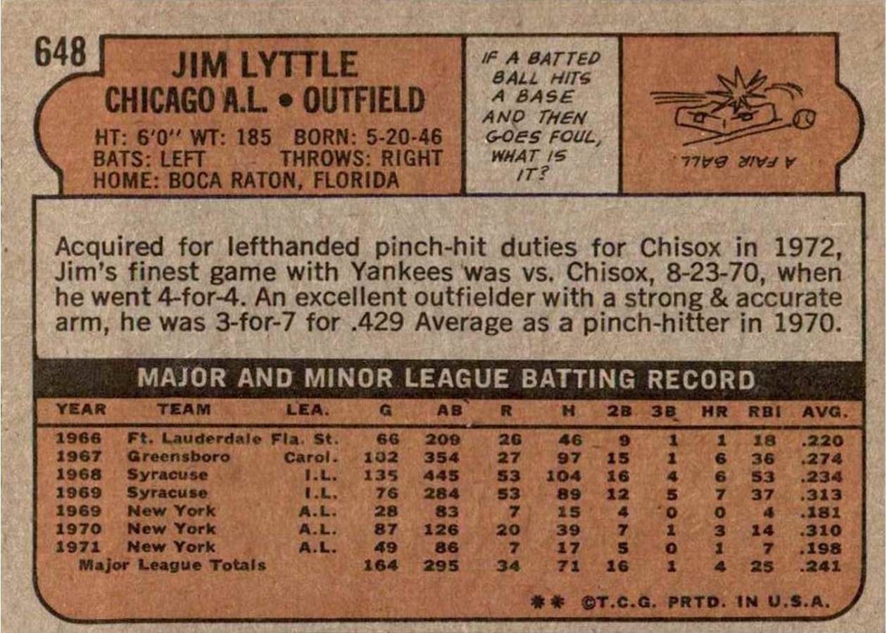 1972 Topps #648 Jim Lyttle card back