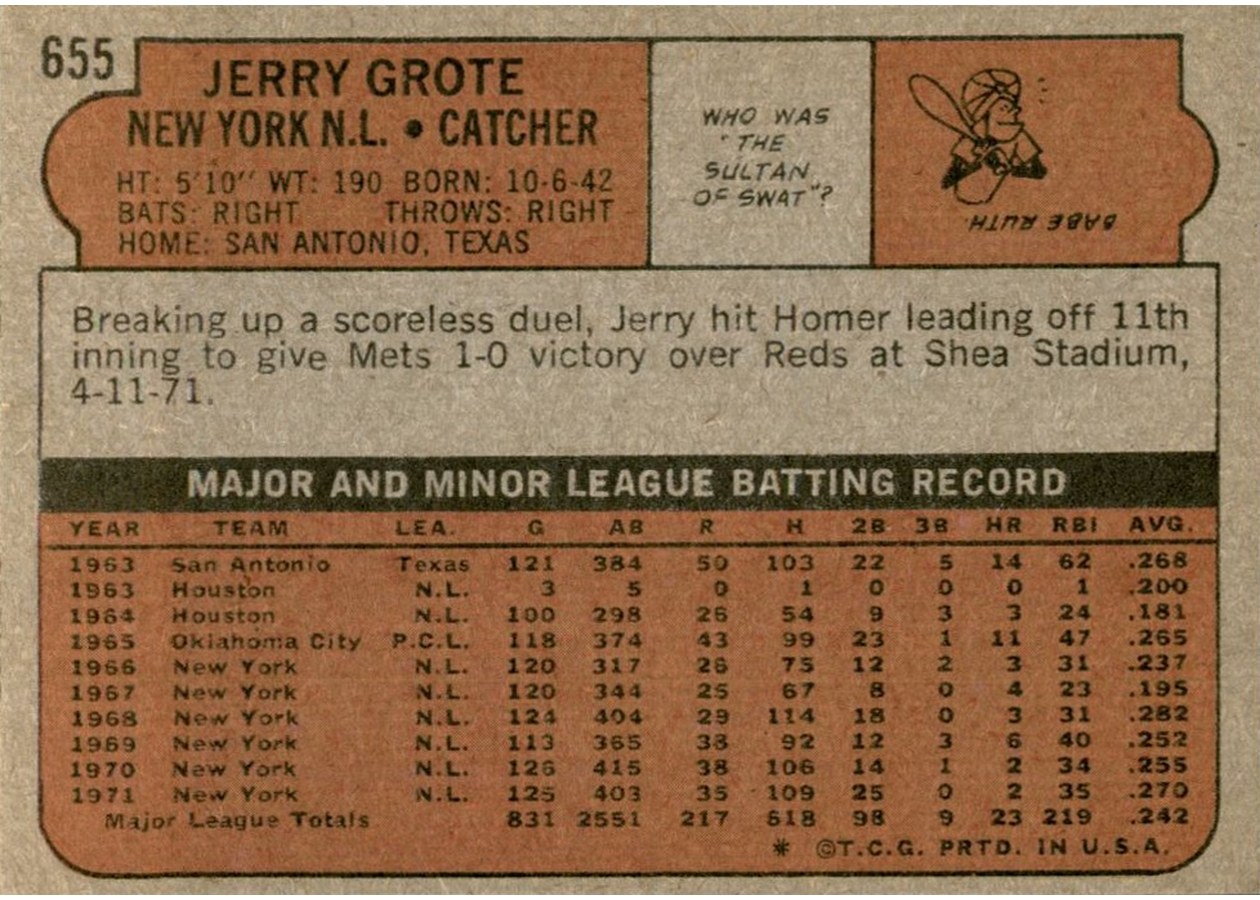 1972 Topps #655 Jerry Grote card back