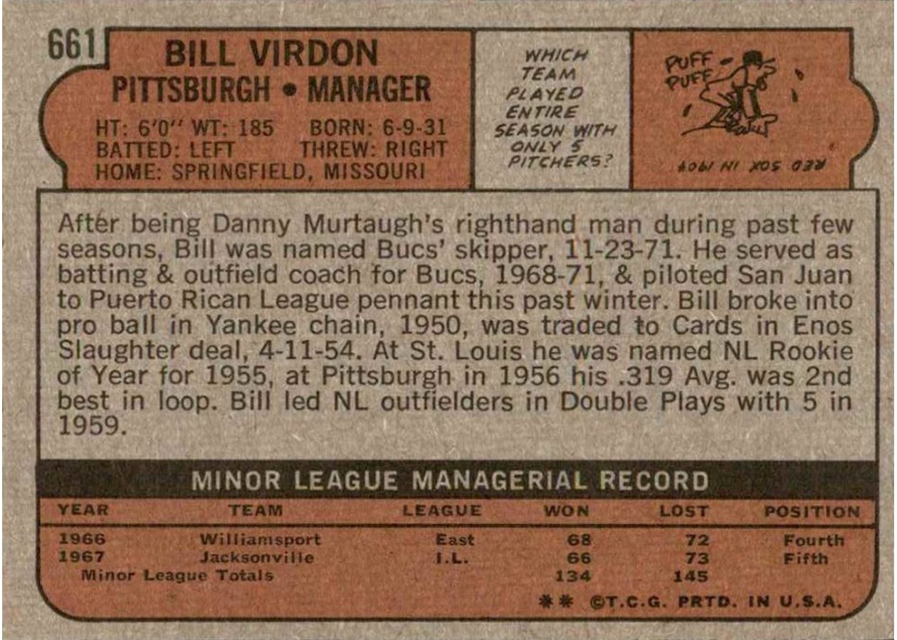 1972 Topps #661 Bill Virdon card back