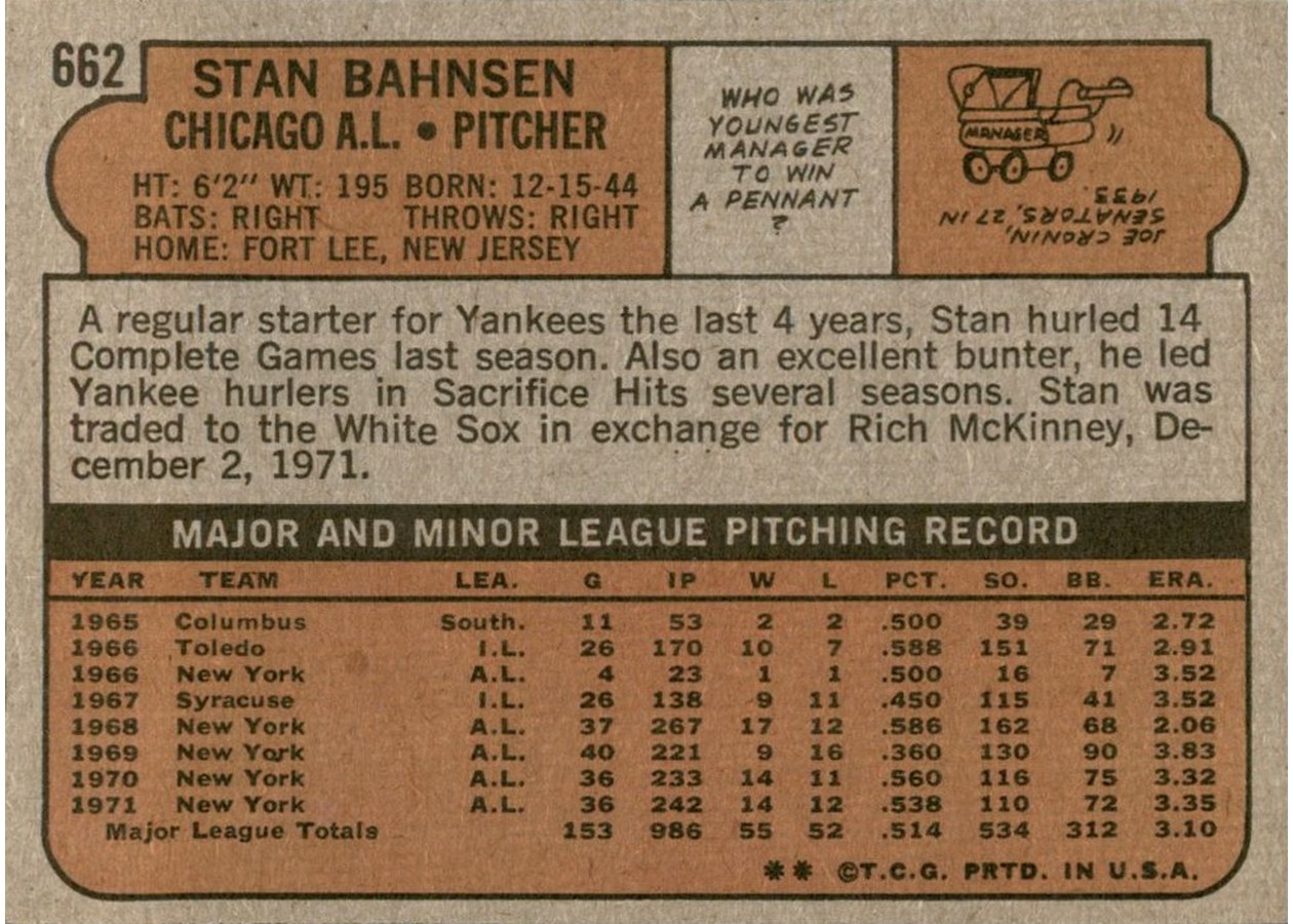 1972 Topps #662 Stan Bahnsen card back