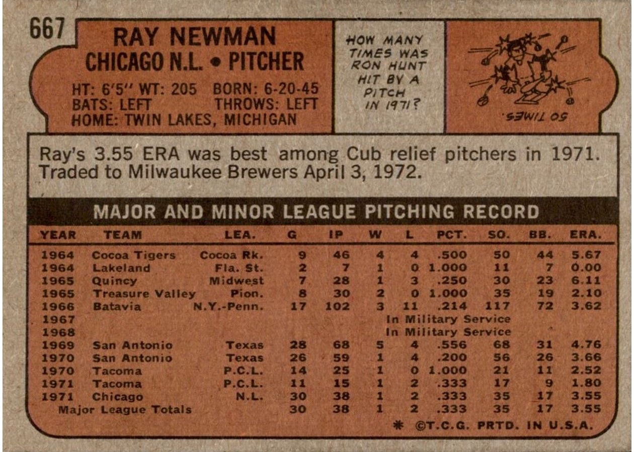 1972 Topps #667 Ray Newman card back