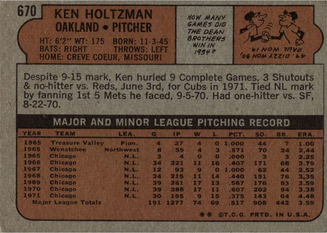 1972 Topps #670 Ken Holtzman card back