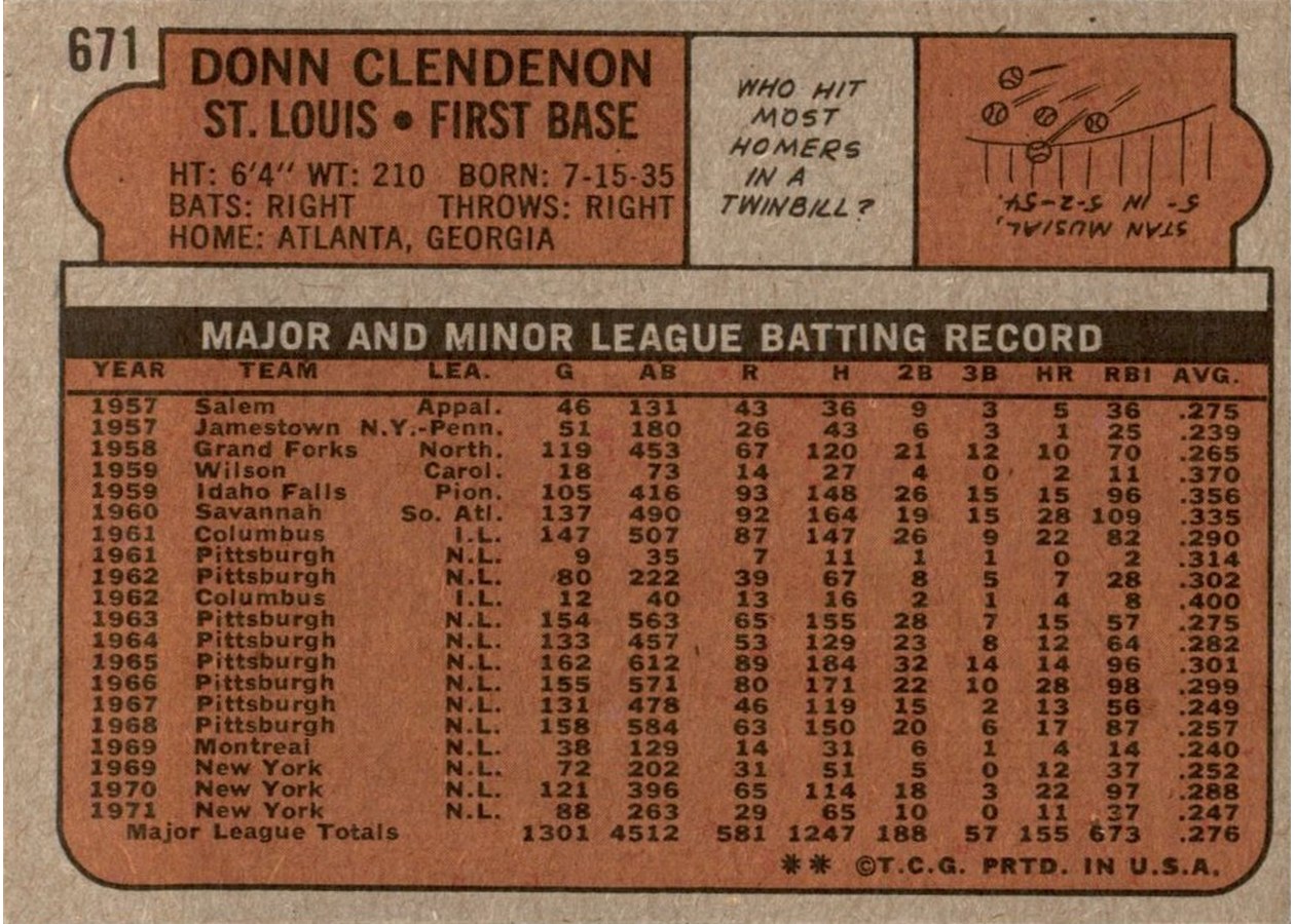 1972 Topps #671 Donn Clendenon card back