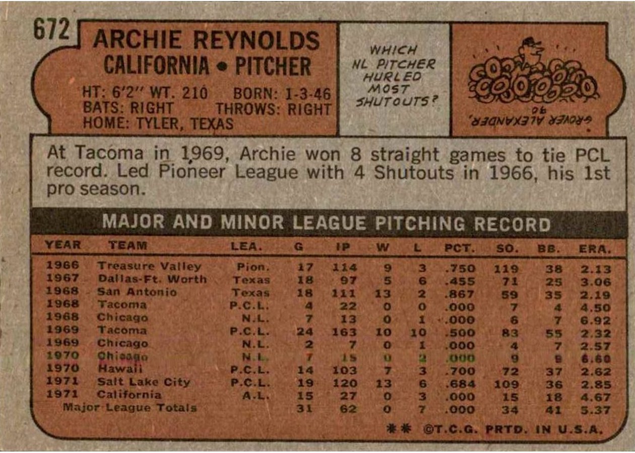 1972 Topps #672 Archie Reynolds card back