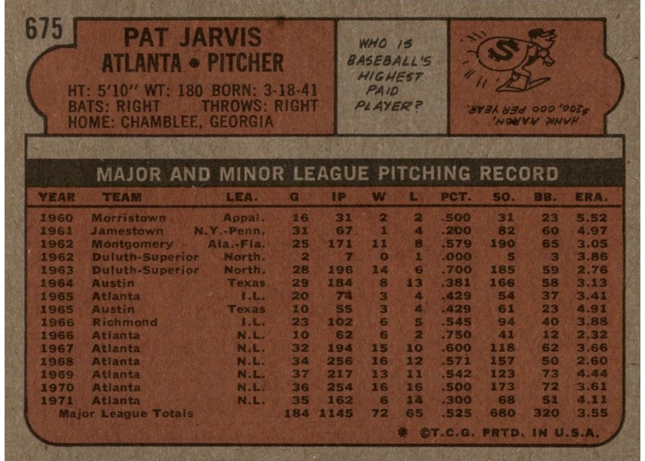 1972 Topps #675 Pat Jarvis card back