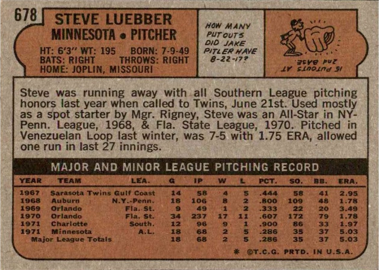 1972 Topps #678 Steve Luebber card back