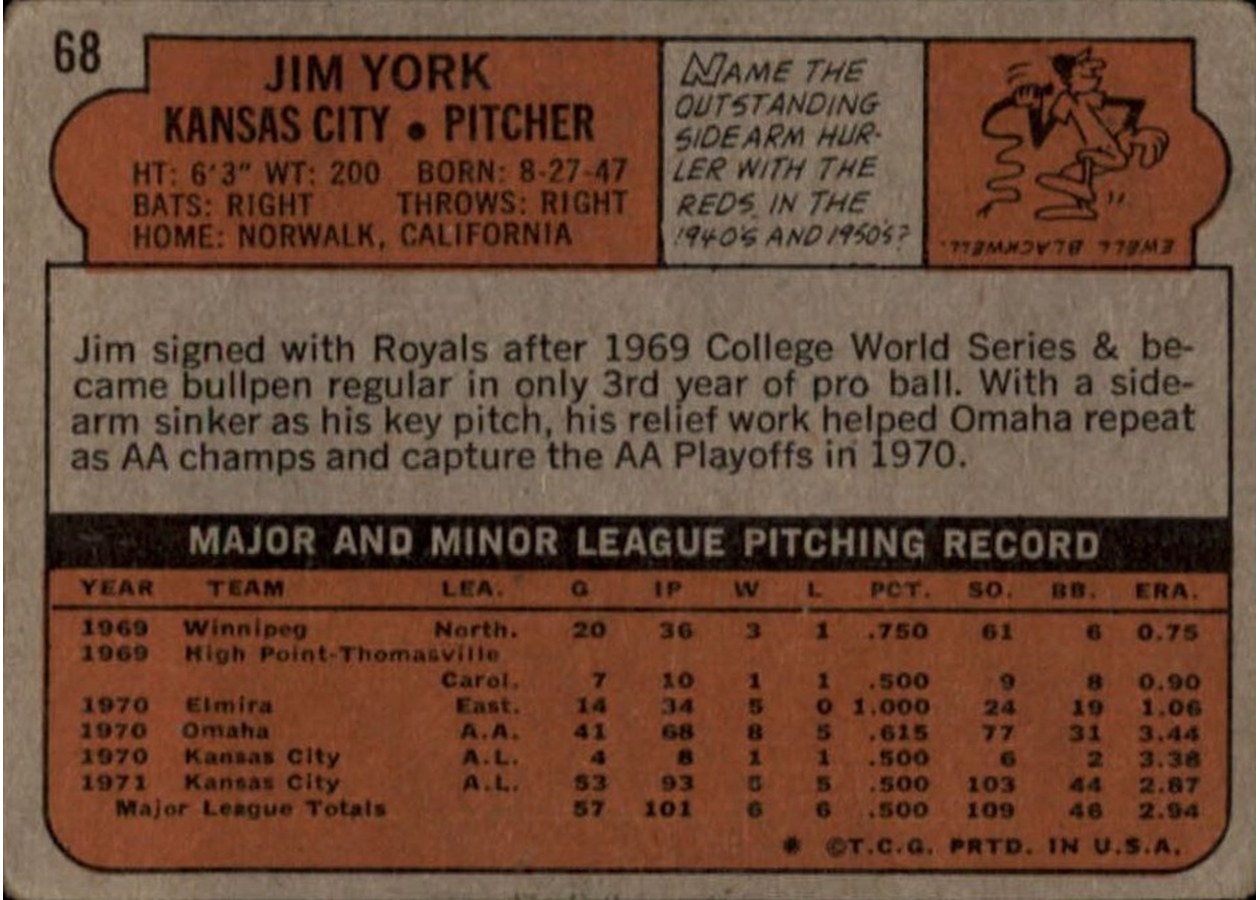 1972 Topps #68 Jim York card back