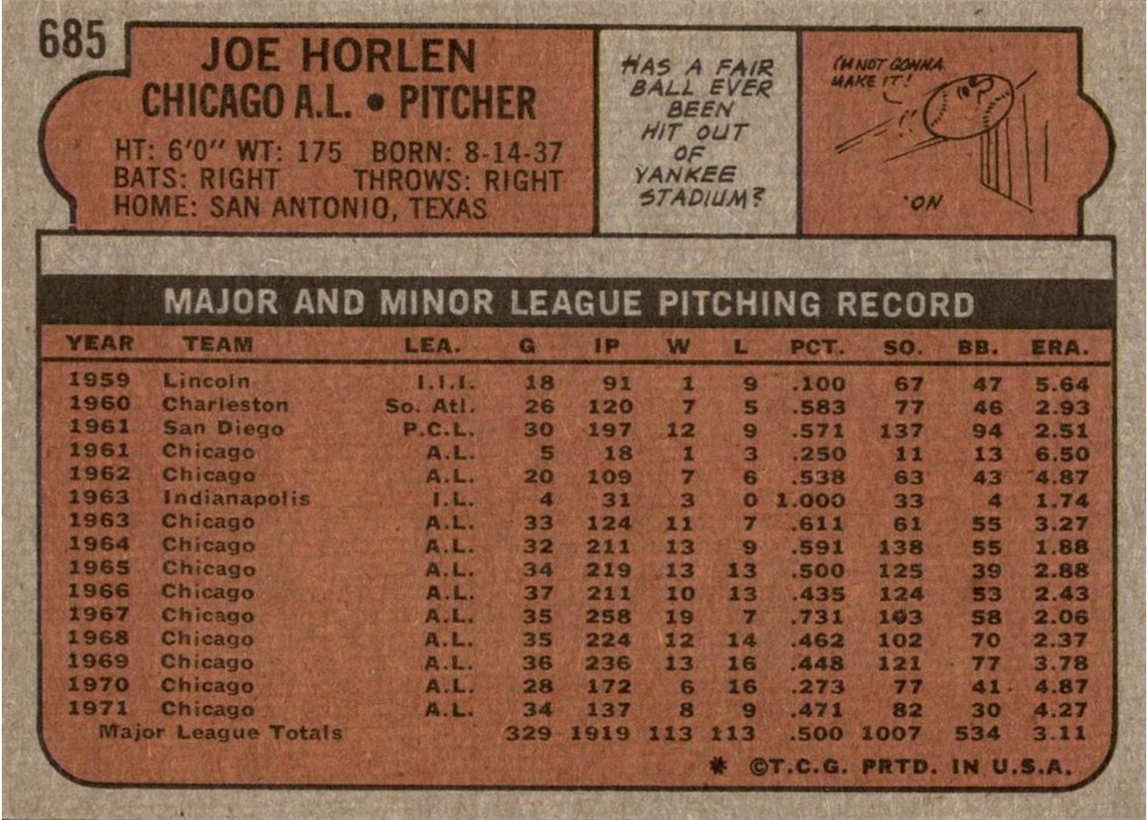1972 Topps #685 Joe Horlen card back