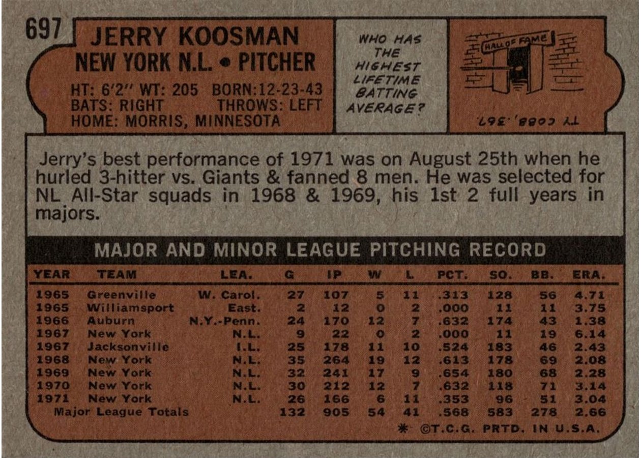 1972 Topps #697 Jerry Koosman card back