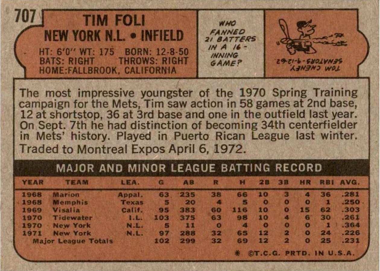 1972 Topps #707 Tim Foli card back