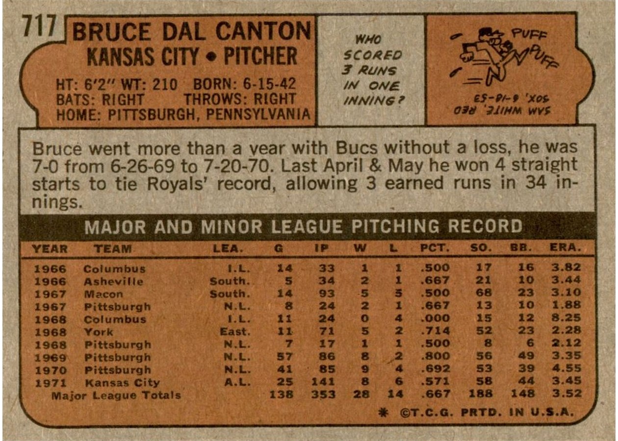 1972 Topps #717 Bruce Dal Canton card back