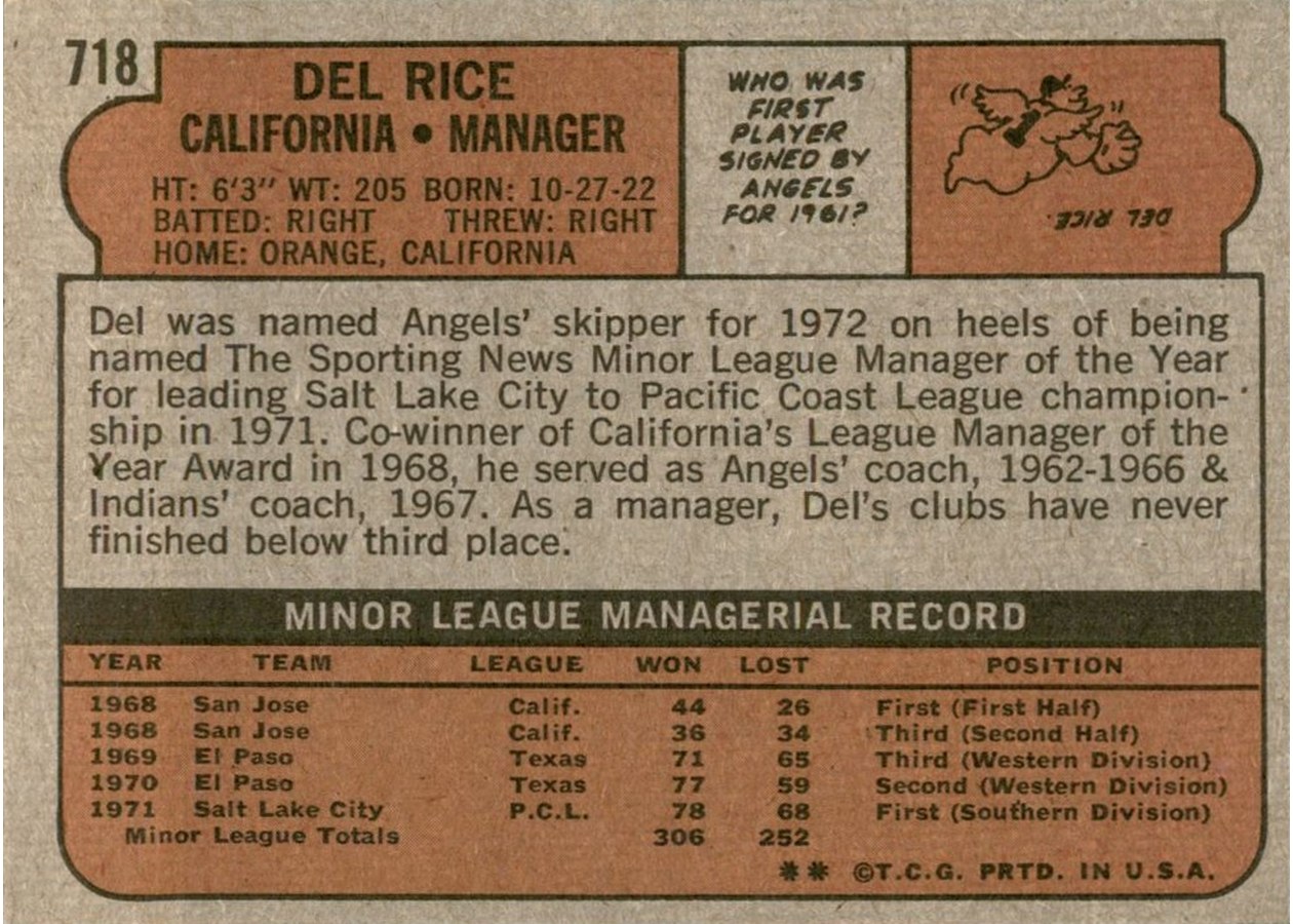 1972 Topps #718 Del Rice card back