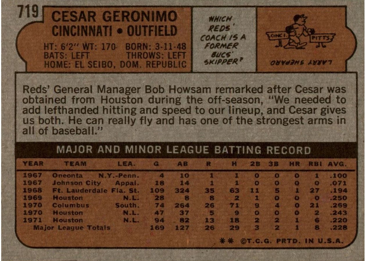 1972 Topps #719 Cesar Geronimo card back