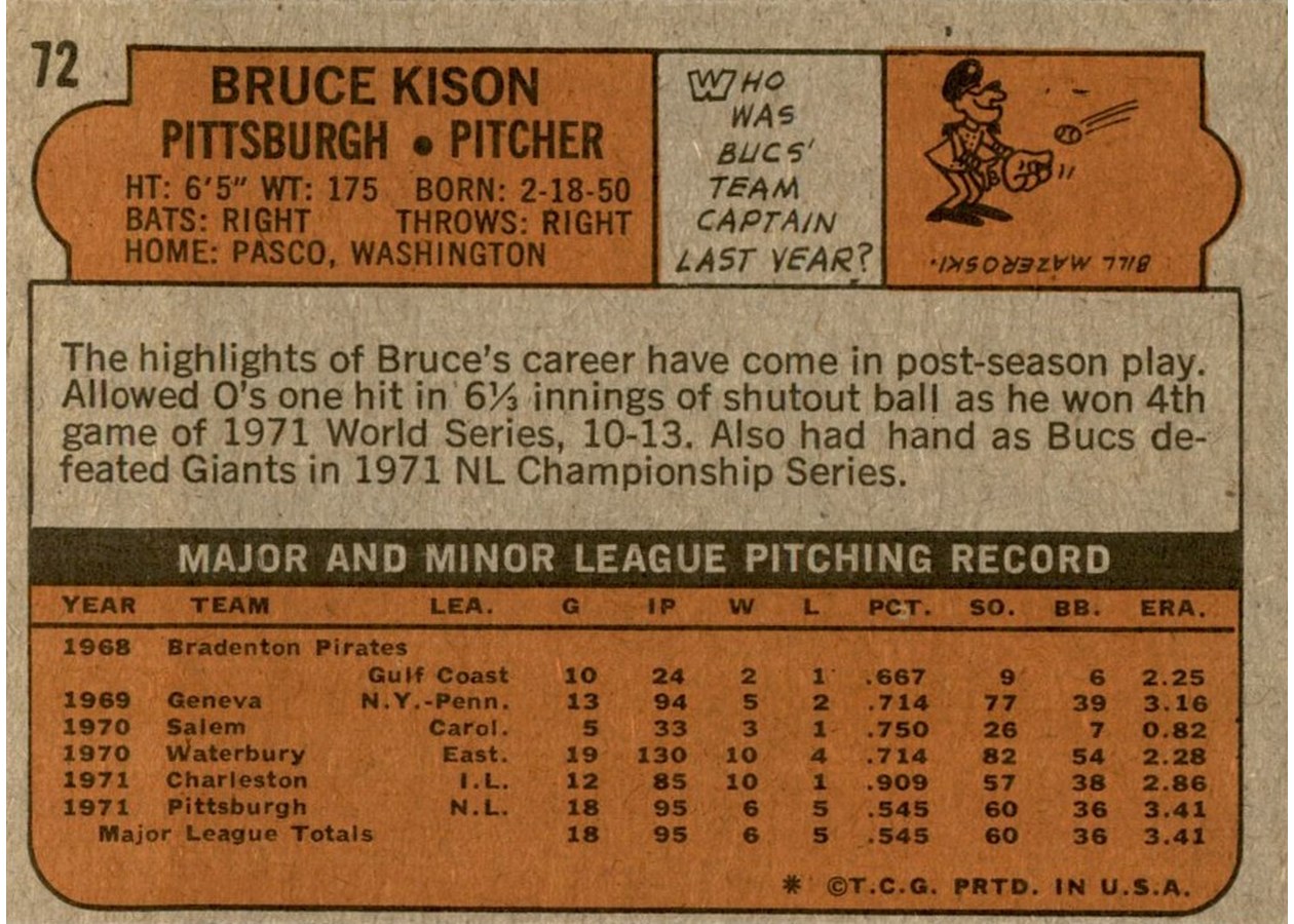 1972 Topps #72 Bruce Kison card back
