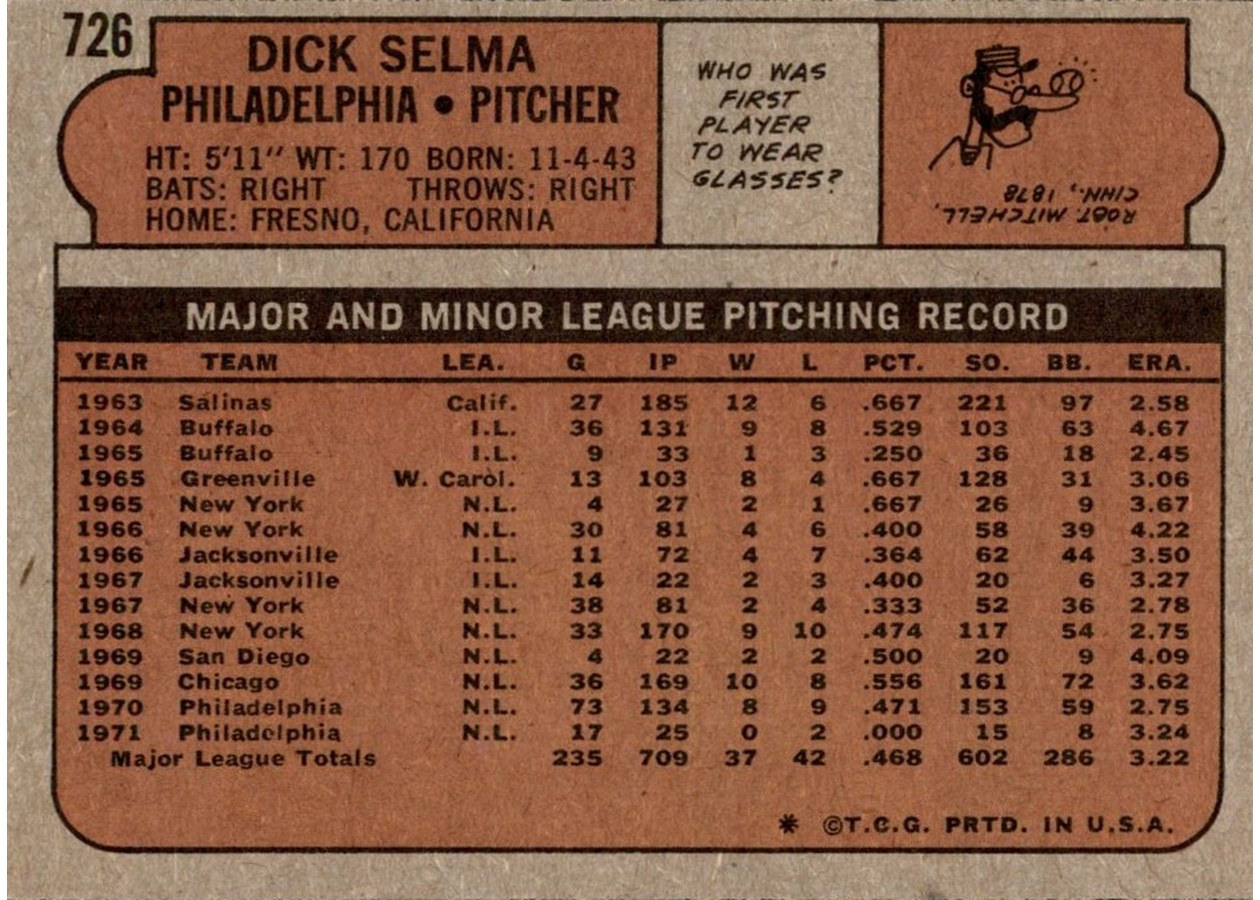 1972 Topps #726 Dick Selma card back