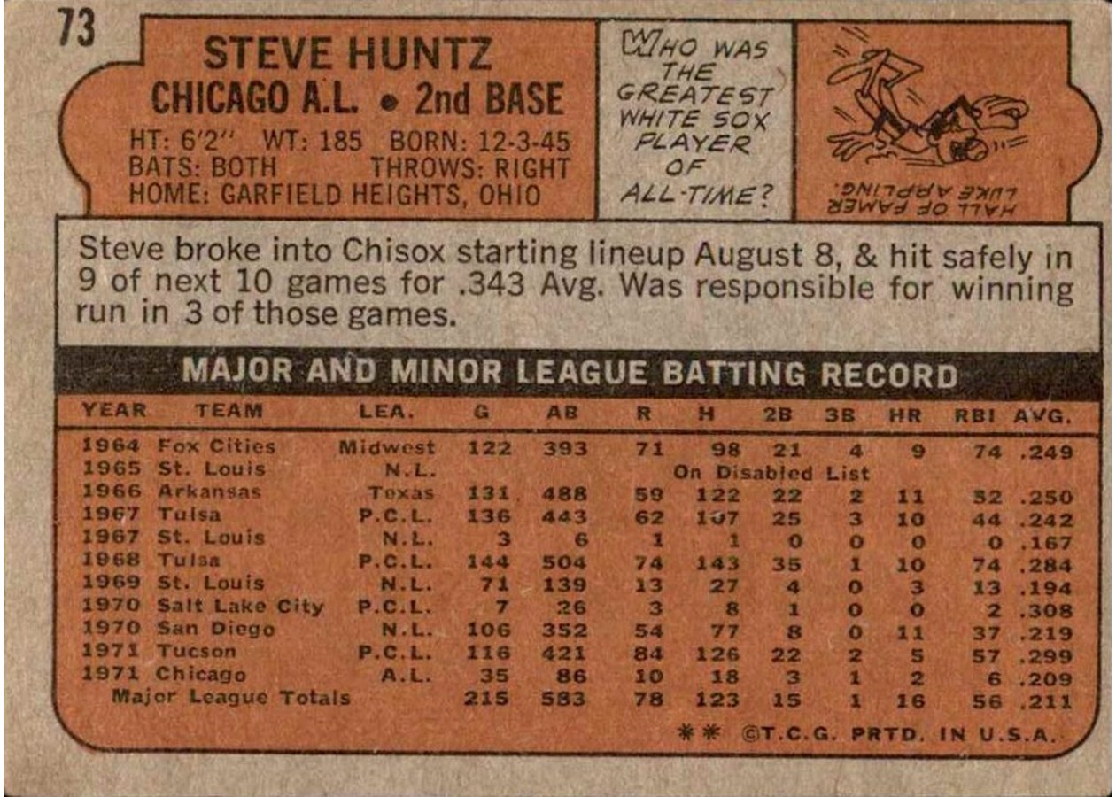 1972 Topps #73 Steve Huntz card back