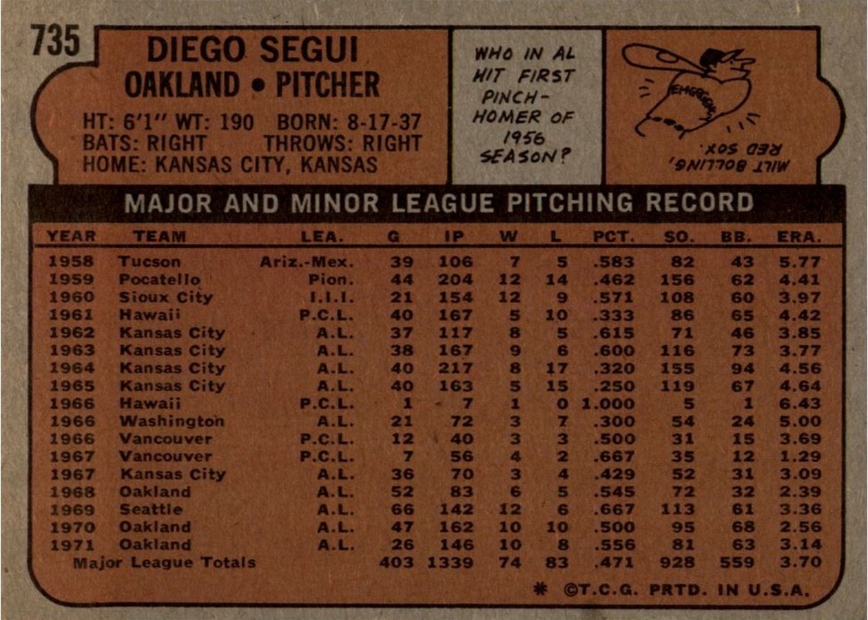 1972 Topps #735 Diego Segui card back