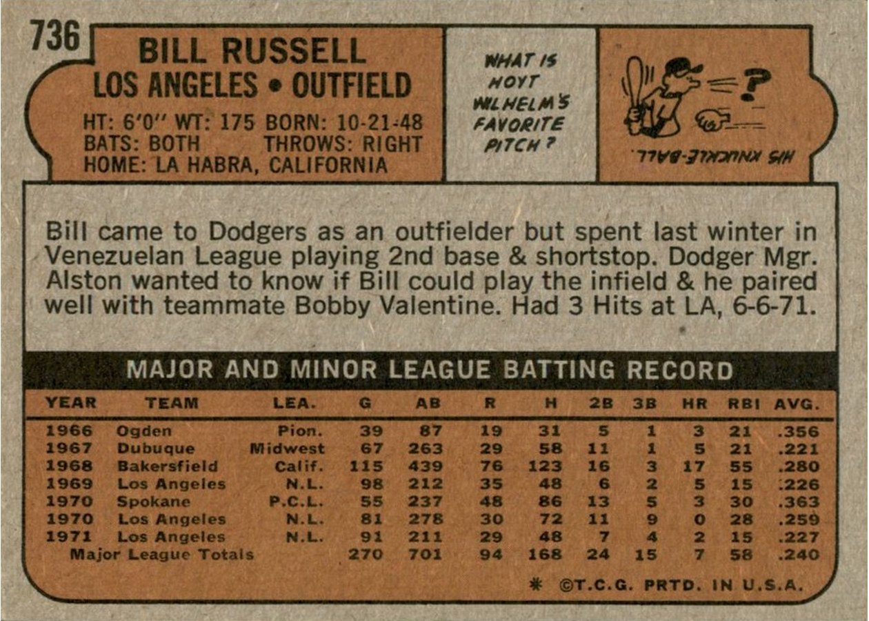 1972 Topps #736 Bill Russell card back