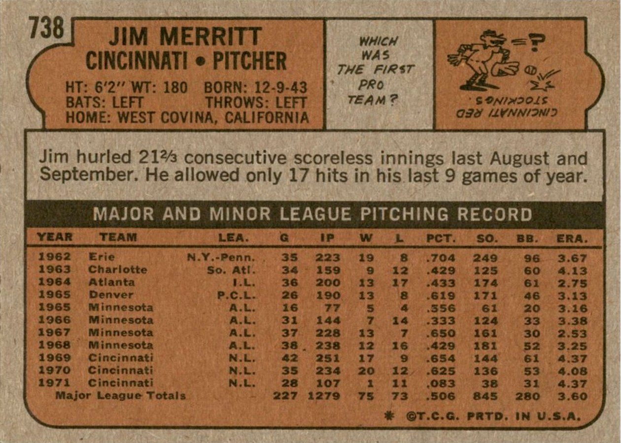 1972 Topps #738 Jim Merritt card back