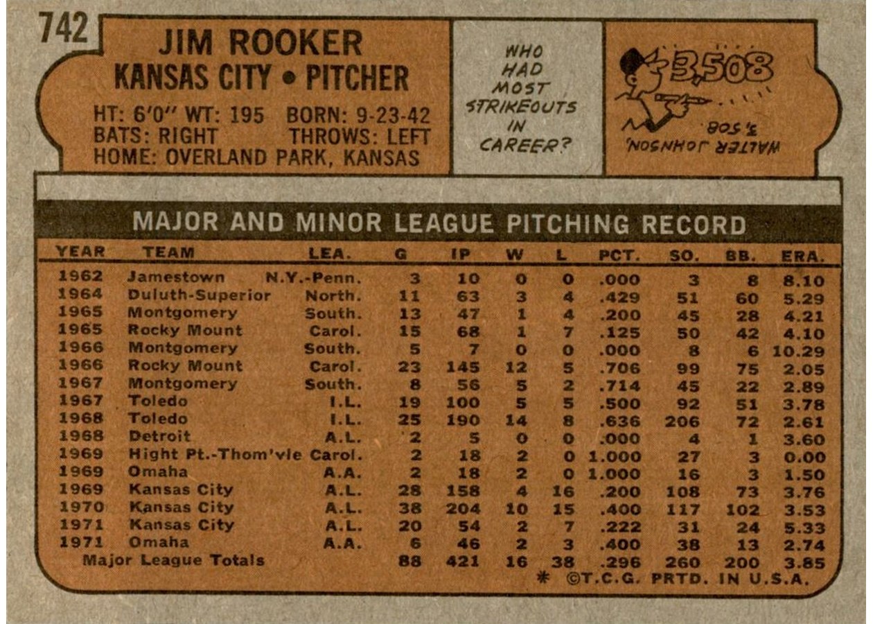 1972 Topps #742 Jim Rooker card back
