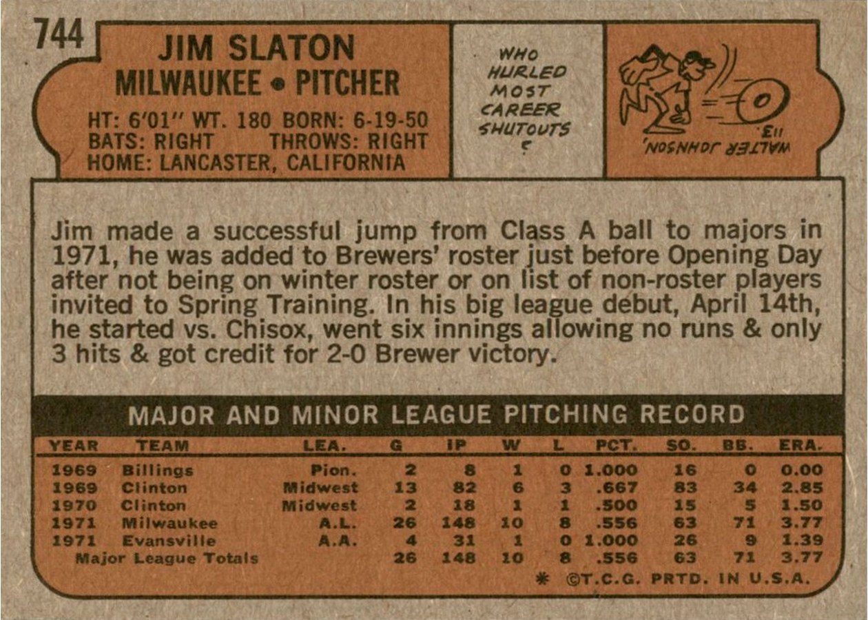 1972 Topps #744 Jim Slaton card back