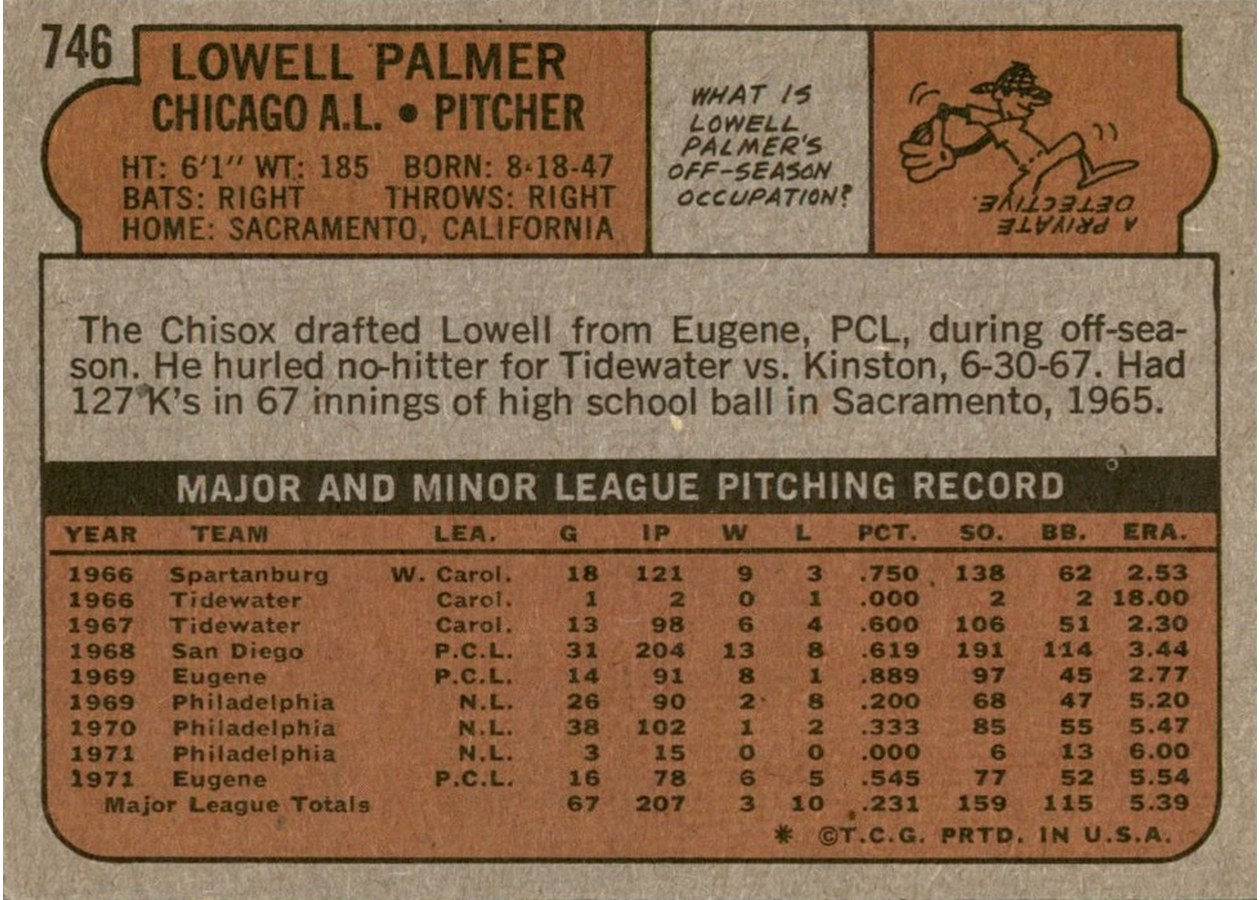 1972 Topps #746 Lowell Palmer card back