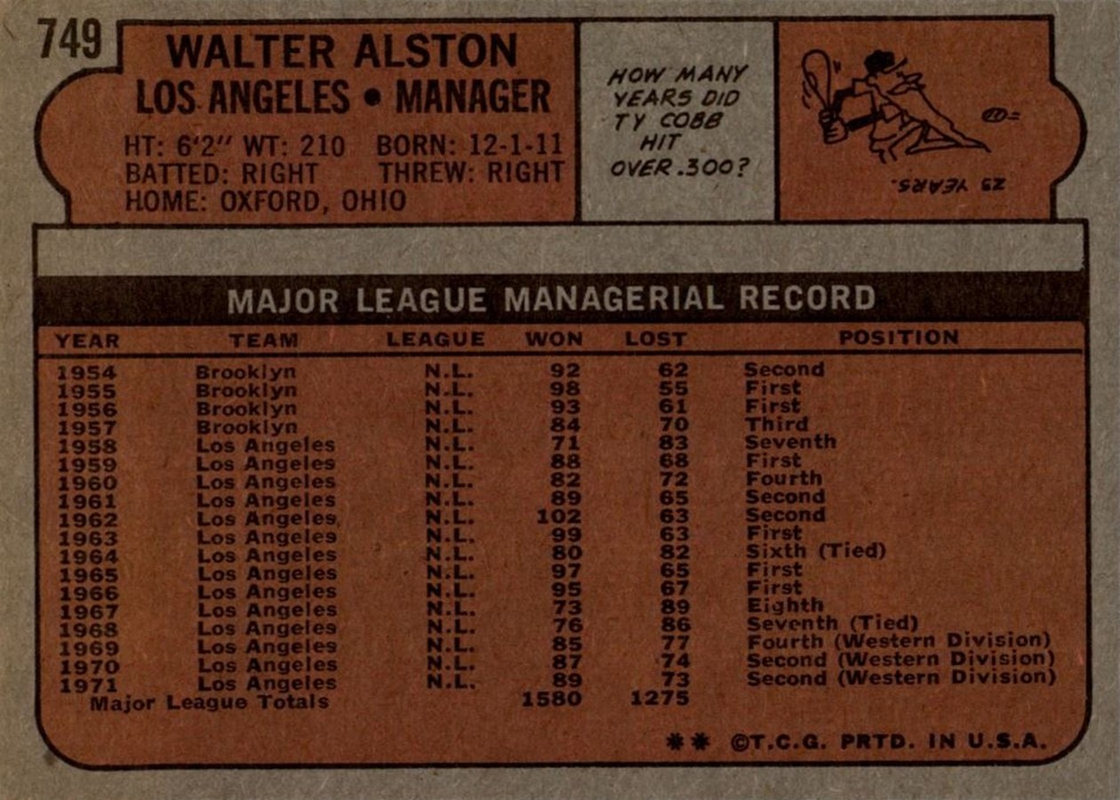 1972 Topps #749 Walter Alston card back
