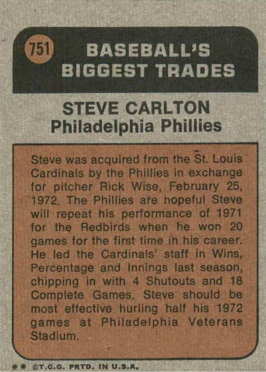 1972 Topps #751 Steve Carlton card back