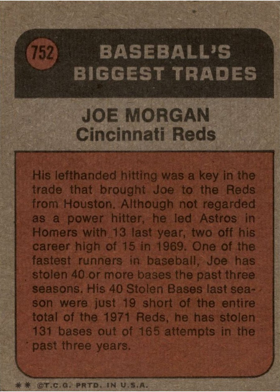 1972 Topps #752 Joe Morgan card back