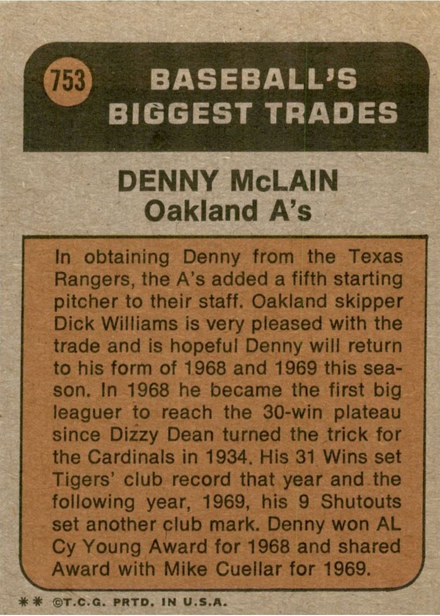 1972 Topps #753 Denny McLain card back
