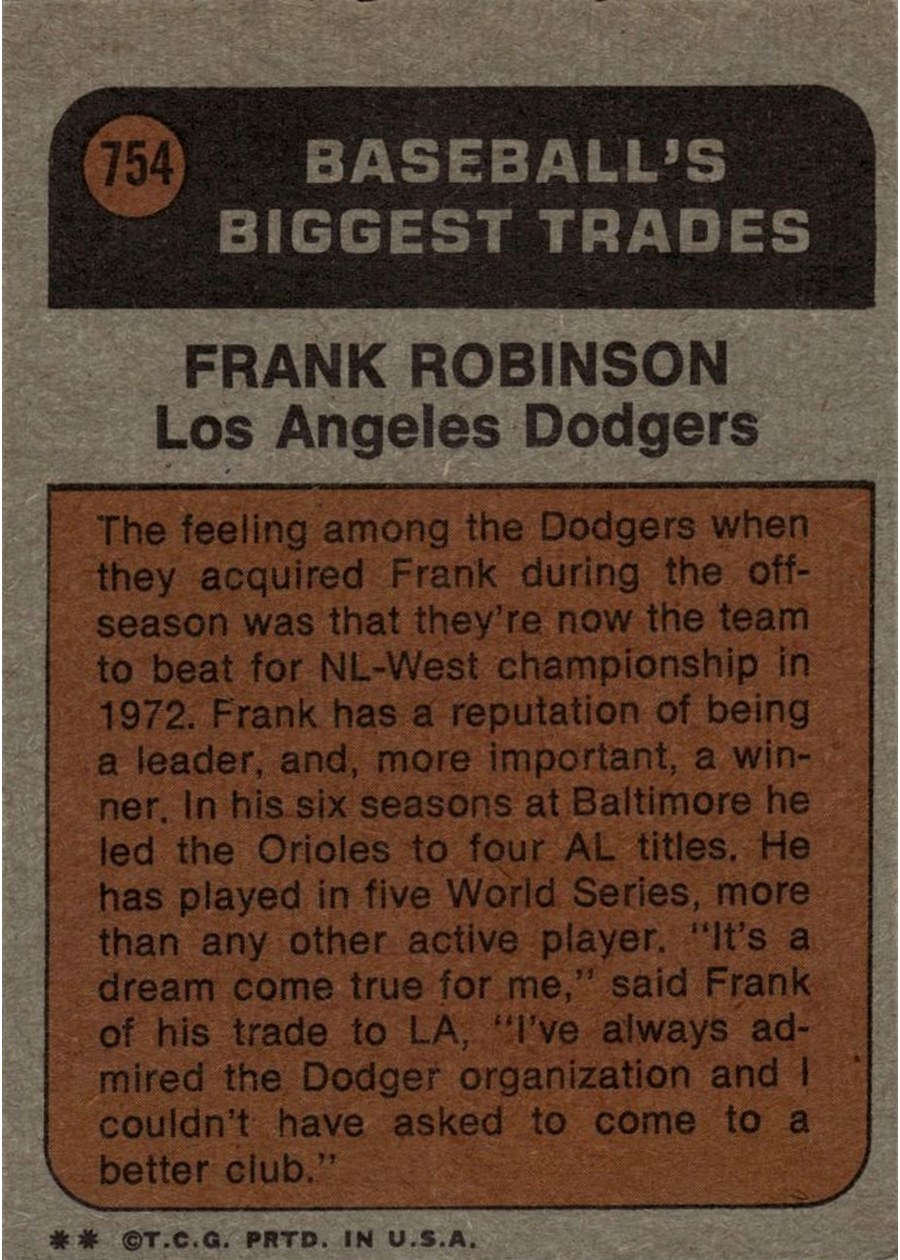 1972 Topps #754 Frank Robinson card back