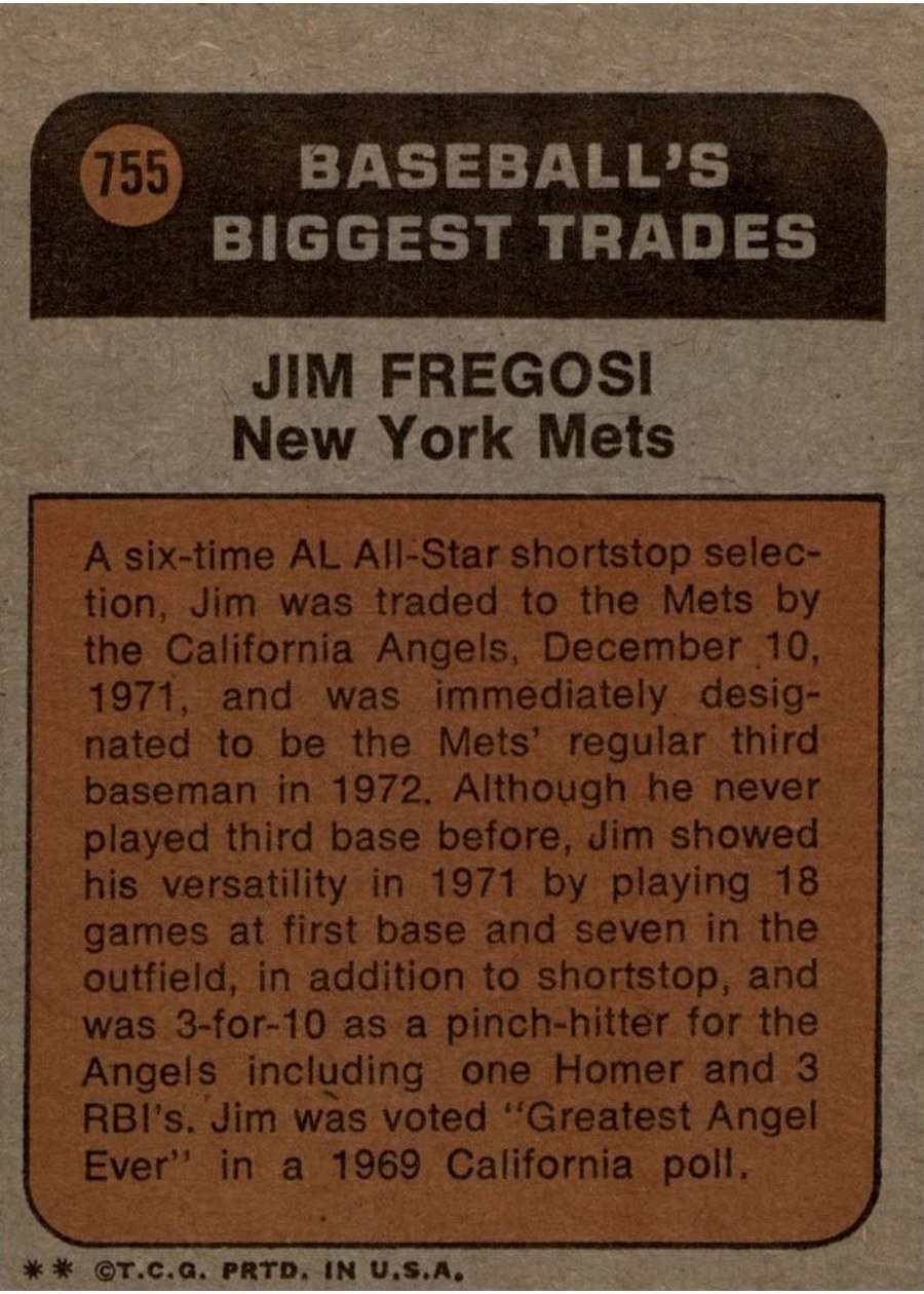1972 Topps #755 Jim Fregosi card back
