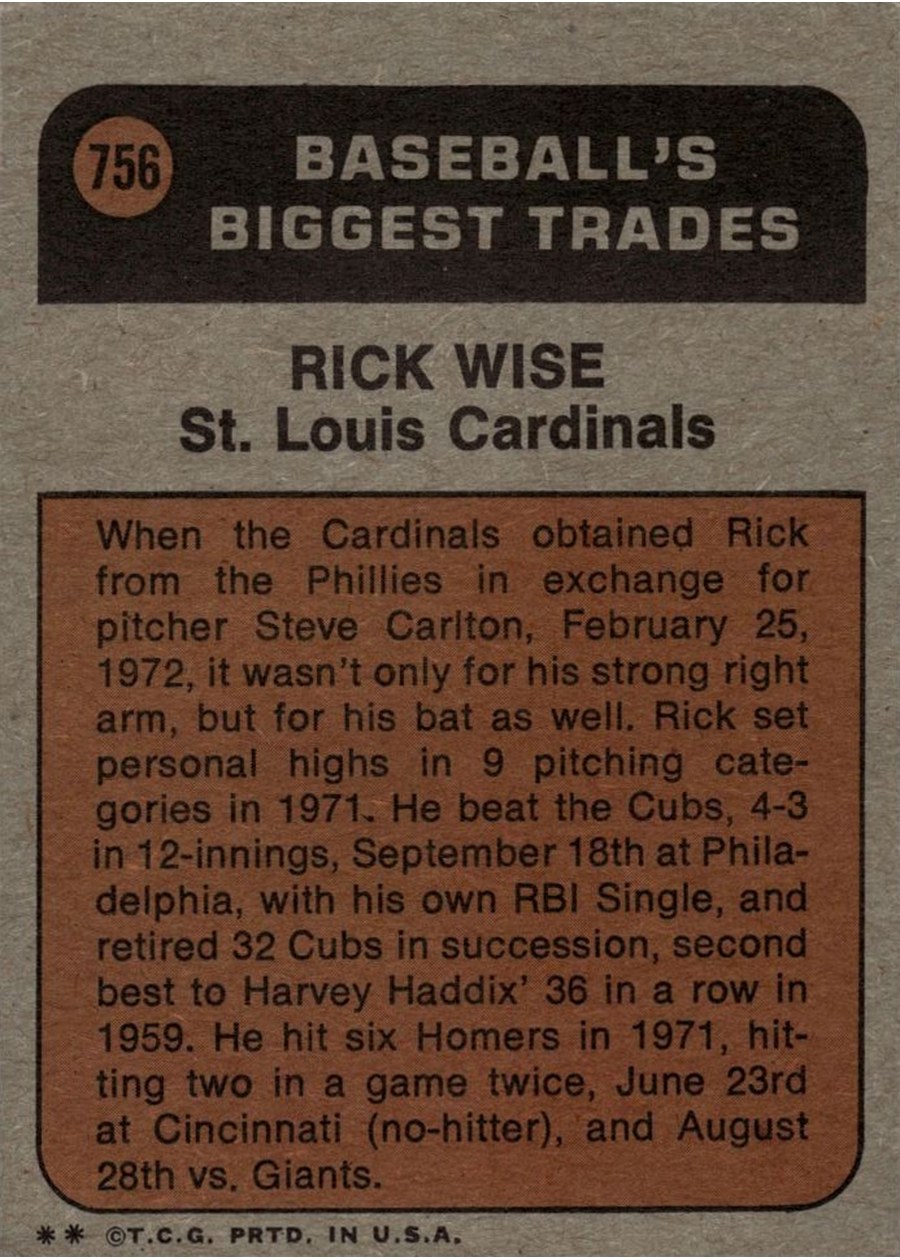 1972 Topps #756 Rick Wise card back