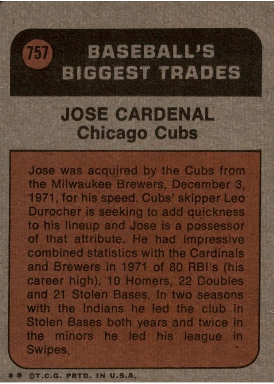 1972 Topps #757 Jose Cardenal card back
