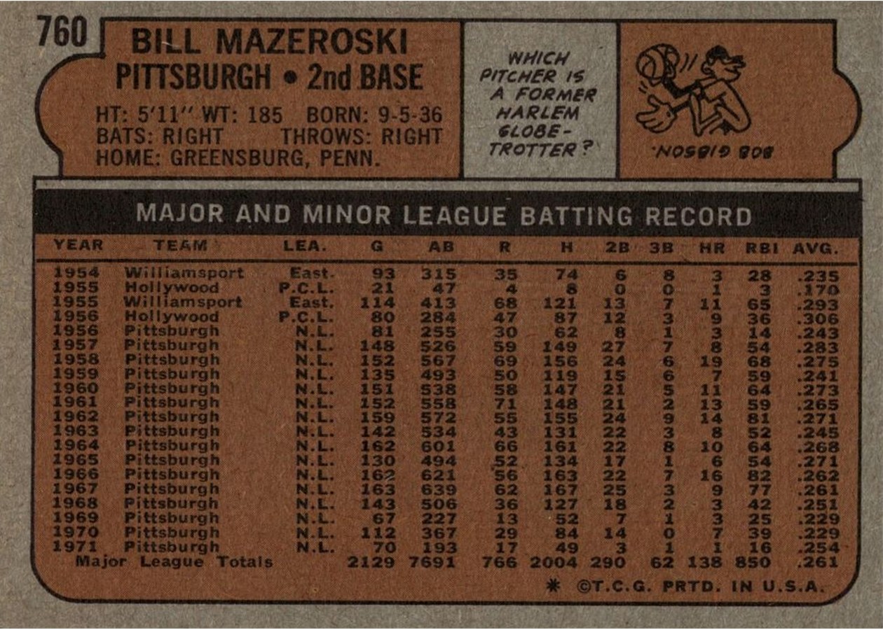 1972 Topps #760 Bill Mazeroski card back