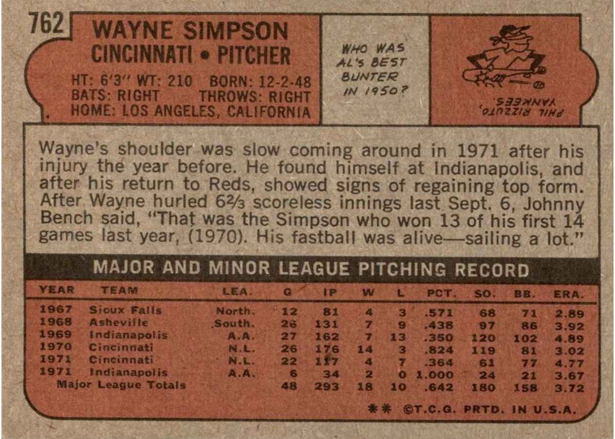 1972 Topps #762 Wayne Simpson card back