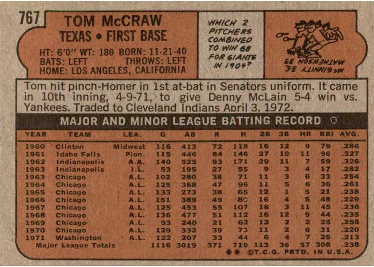 1972 Topps #767 Tom McCraw card back