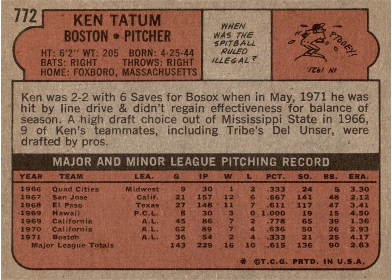 1972 Topps #772 Ken Tatum card back