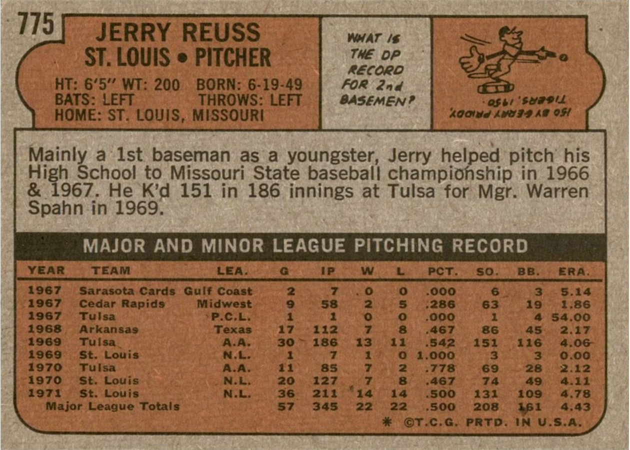1972 Topps #775 Jerry Reuss card back