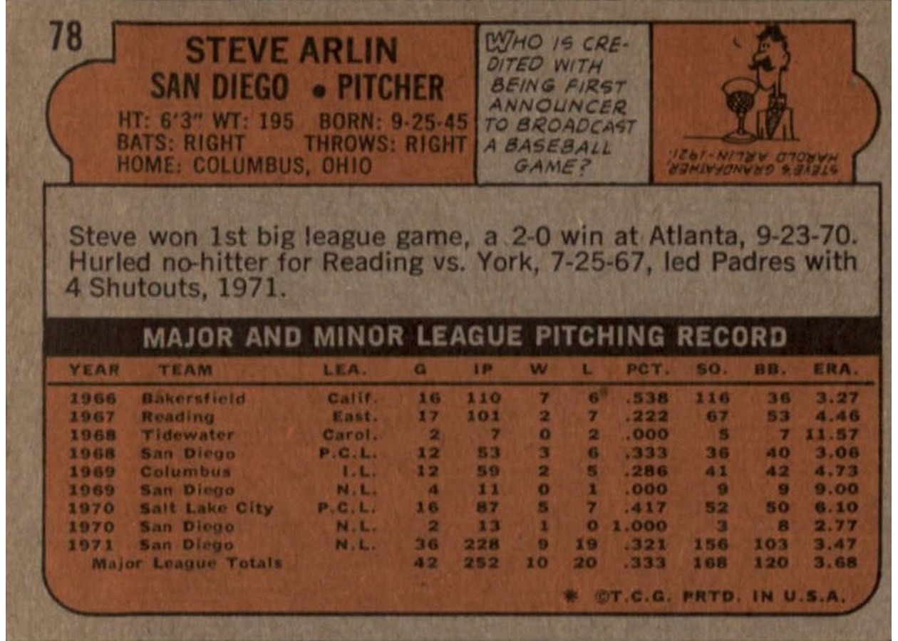 1972 Topps #78 Steve Arlin card back