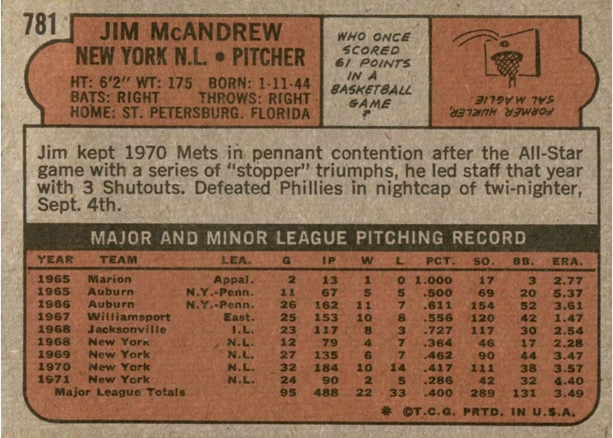 1972 Topps #781 Jim McAndrew card back