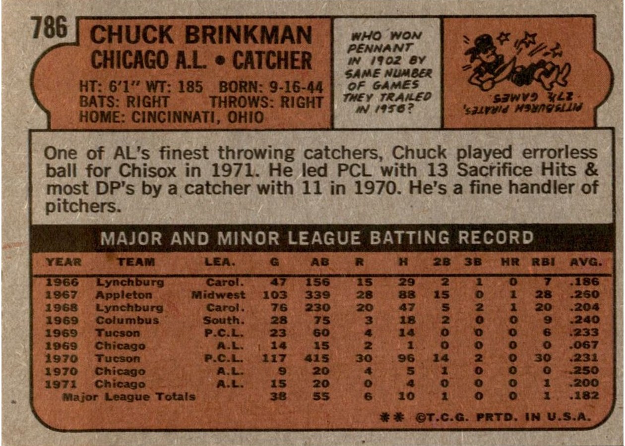 1972 Topps #786 Chuck Brinkman card back