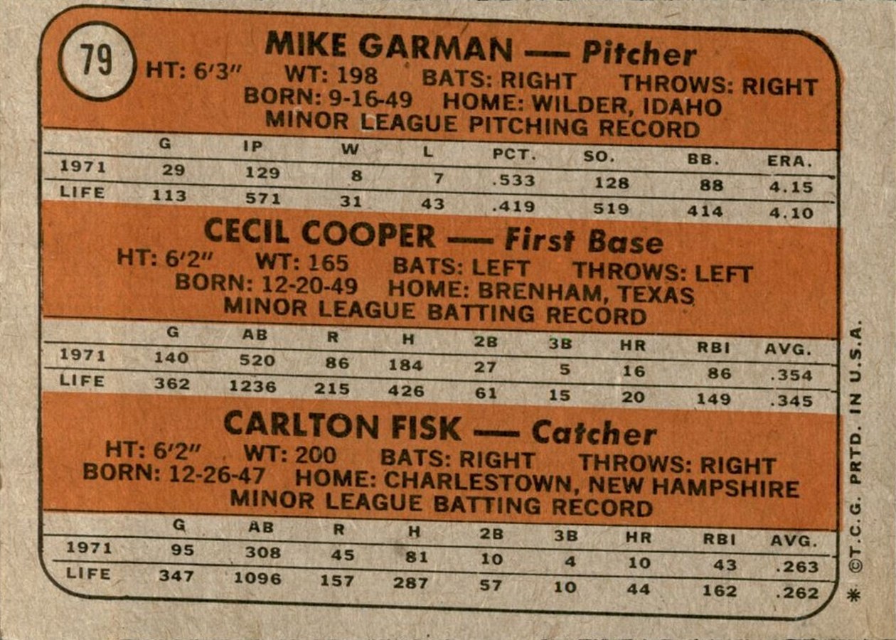 1972 Topps #79 Red Sox 1972 Rookie Stars card back