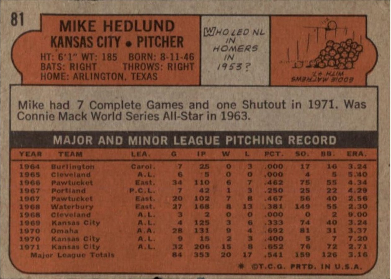 1972 Topps #81 Mike Hedlund card back